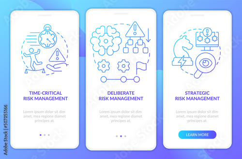 ORM levels blue gradient onboarding mobile app screen. Financial safety walkthrough 3 steps graphic instructions pages with linear concepts. UI, UX, GUI template. Myriad Pro-Bold, Regular fonts used