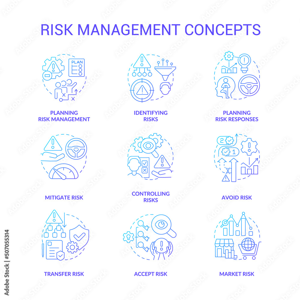 Risk management blue gradient concept icons set. Identifying and mitigating risks idea thin line color illustrations. Market failure. Isolated symbols. Roboto-Medium, Myriad Pro-Bold font used