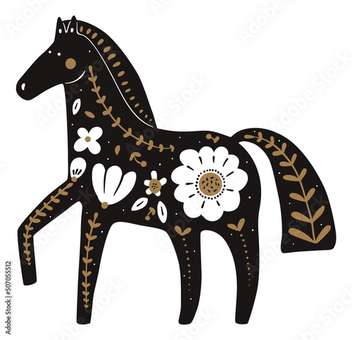 Decorative horse. Dark animal silhouette with traditional scandinavian ornament