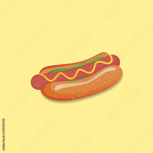 Illustration of an appetizing, voluminous hot dog with greens (salad) on a monochrome background