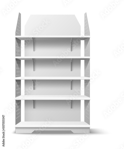 Empty shelving stand. Realistic shopping shelves. Supermarket and stores furniture. Clean showcase. Shop interior. Racking front view. Merchandise presentation. Vector multilevel rack
