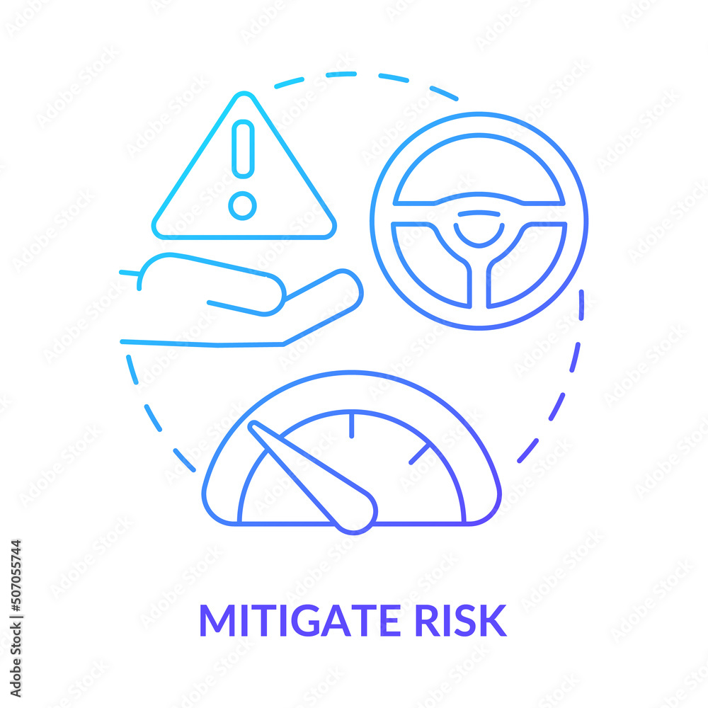 Mitigate risk blue gradient concept icon. Risk management step abstract idea thin line illustration. Controlling business operations. Optimization. Isolated outline drawing. Myriad Pro-Bold font used Mitigate risk blue gradient concept icon. Risk management step abstract idea thin line illustration. Controlling business operations. Optimization. Isolated outline drawing. Myriad Pro-Bold font used