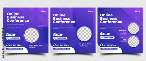 Online business conference social media post template collection. Modern invitation and promotion banner design with place for the photo. Usable for social media post, banner, and web.