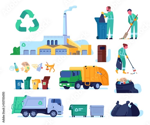 Garbage collection service. Litter disposal. Scavengers characters with broomstick. Waste recycling plant. Dumpsters and trash truck. Rubbish sorting bins. Vector refuse cleaning set