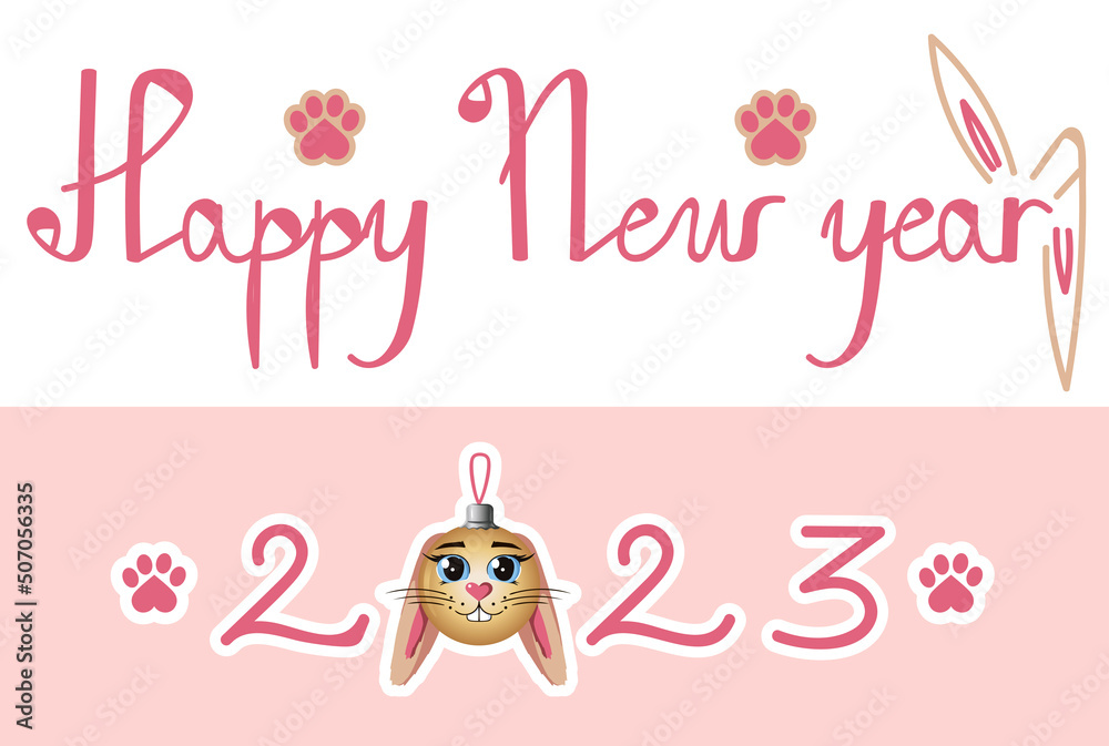 Vector New Year's card in pink tones with handwritten text, with a Christmas ball in the form of a rabbit, with paws and ears of a rabbit on the background.