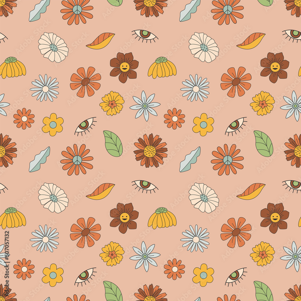 Seamless pattern with flowers, hippie concept. Hand drawn flat vector illustration.