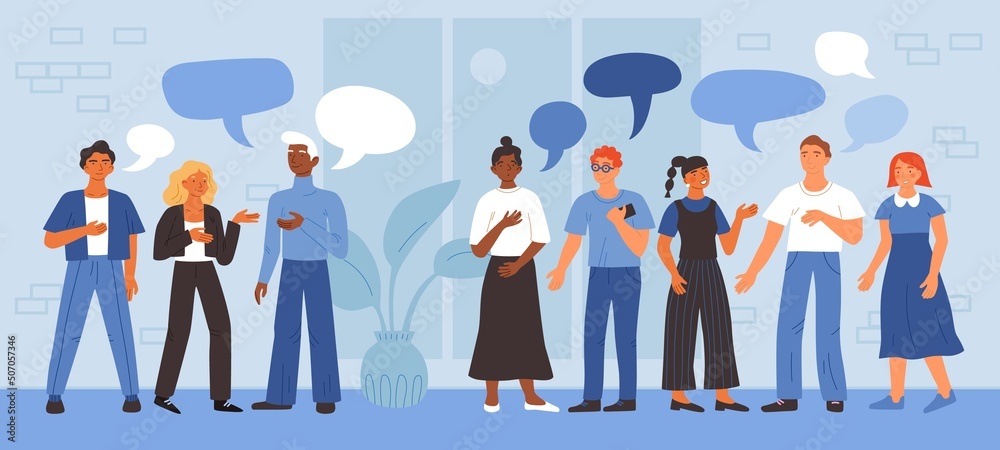 Office people communication. Business colleagues discussions. Work break conversations. Talking multiracial persons with speech bubbles. Employees teamwork brainstorming. Vector concept