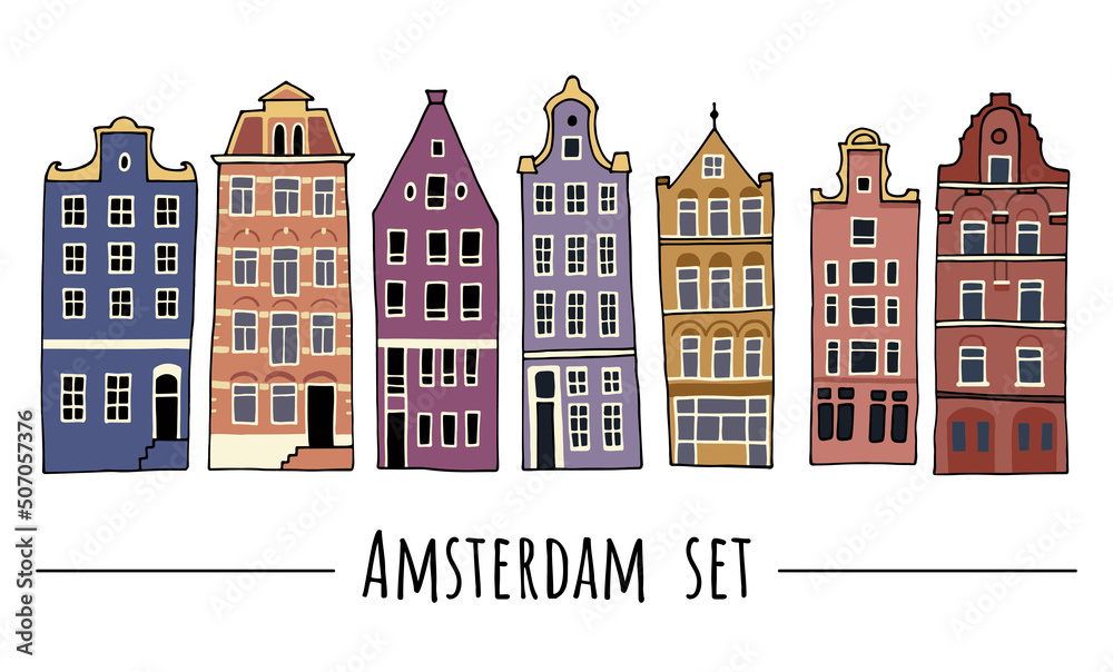 Amsterdam set. European city. Hand drawn vector illustration. Cartoon outline houses facades.