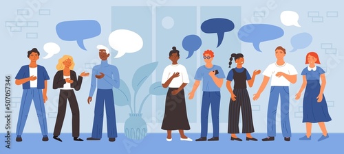 Office people communication. Business colleagues discussions. Work break conversations. Talking multiracial persons with speech bubbles. Employees teamwork brainstorming. Vector concept