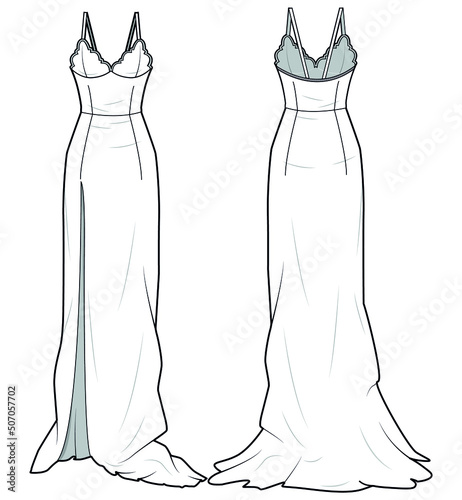 Front Slit Maxi Sweetheart Strap Dress, Sweetheart Strap Bridal Dress, Bridal Dress, Strap Night Dress Front and Back View fashion Illustration, Vector, CAD, Technical Drawing, Flat Drawing.	