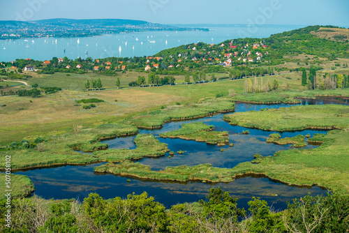 View to Lake Balaton from Tihany peninsula  Watchtower-lookout. Tihany peninsula with small lake  Hungary