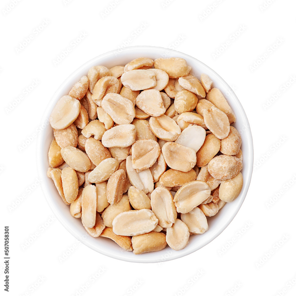 Roasted peanuts in a white cup, top view on a white background Roasted peanuts in a white cup, top view on a white background
