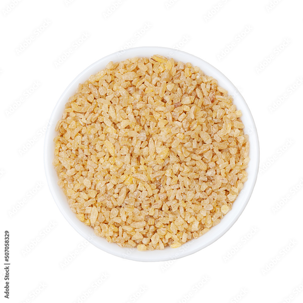 Bulgur in white cup from above isolated on white background Bulgur in white cup from above isolated on white background
