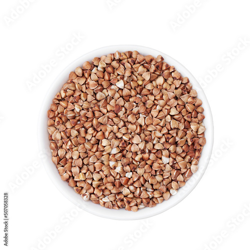 Buckwheat in white cup from above isolated on white background