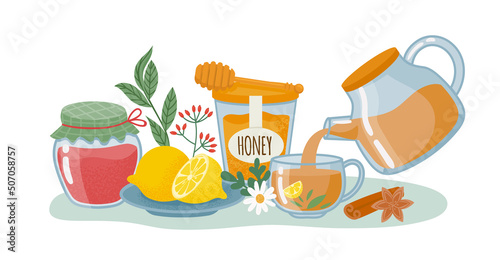 Tea drink concept, lemon and honey, glass of jam
