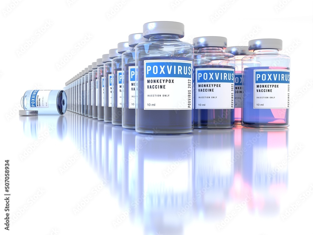 Monkeypox pox poxvirus vaccine glass bottles production line. Plenty of clean bottles on white background with blurred reflection. 3D illustration. Teal orange light. One empty dose.