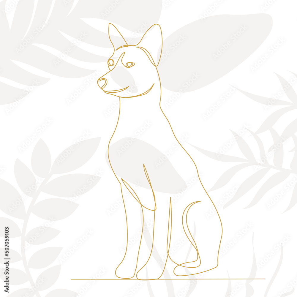 dog drawing in one continuous line, on an abstract background isolated, vector