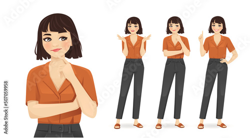 Young woman casual style clothes frustrated, thinking and making idea pointing up isolated on white background vector illustration
