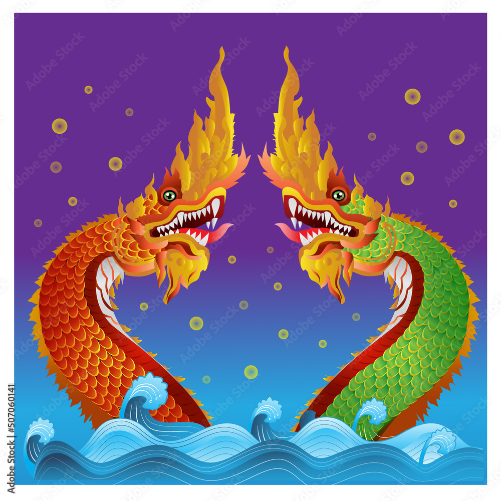 Vector illustration, two serpents, in the water, backlit, Naga fireballs Vector illustration, two serpents, in the water, backlit, Naga fireballs