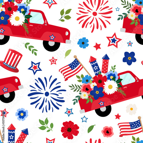 4th of July Independence day pickup truck with flowers, crackers, and sparklers seamless pattern. Isolated on white background. American Independence day, 4th of July holiday themed design.