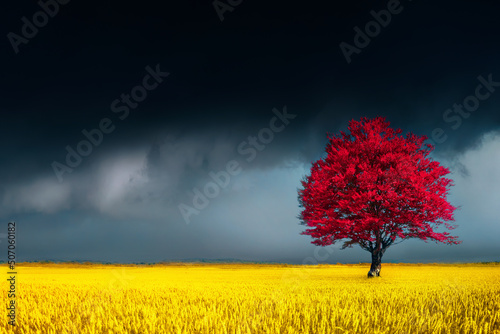 Fototapeta Naklejka Na Ścianę i Meble -  Beautiful landscape of lonely tree in autumn on wheat field against stormy clouds