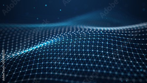 Futuristic glowing wave. The concept of big data. Network connection. Cybernetics. Abstract dark background of blue lines with dots. 3d rendering. © Valerii