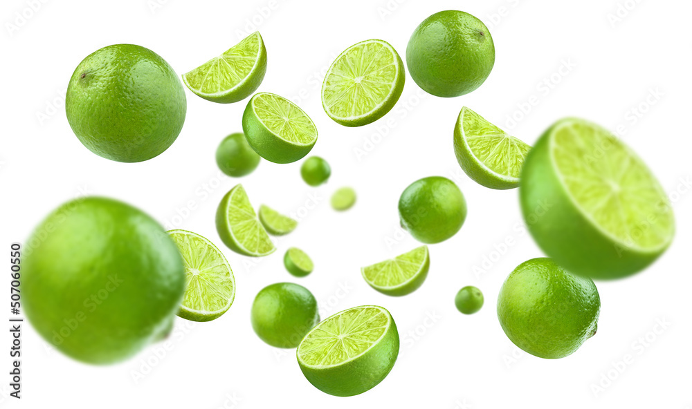 Flying lime fruits, isolated on white background