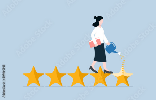 Developing marketing strategies to make customers give higher star rating, business reputation concept.  Businesswoman watering to fulfill 5th star metaphor of increasing credit score from customers.