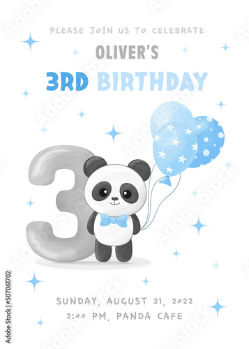 Birthday party invitation with cute little panda boy with number three  blue balloon and bow tie. Vector illustration