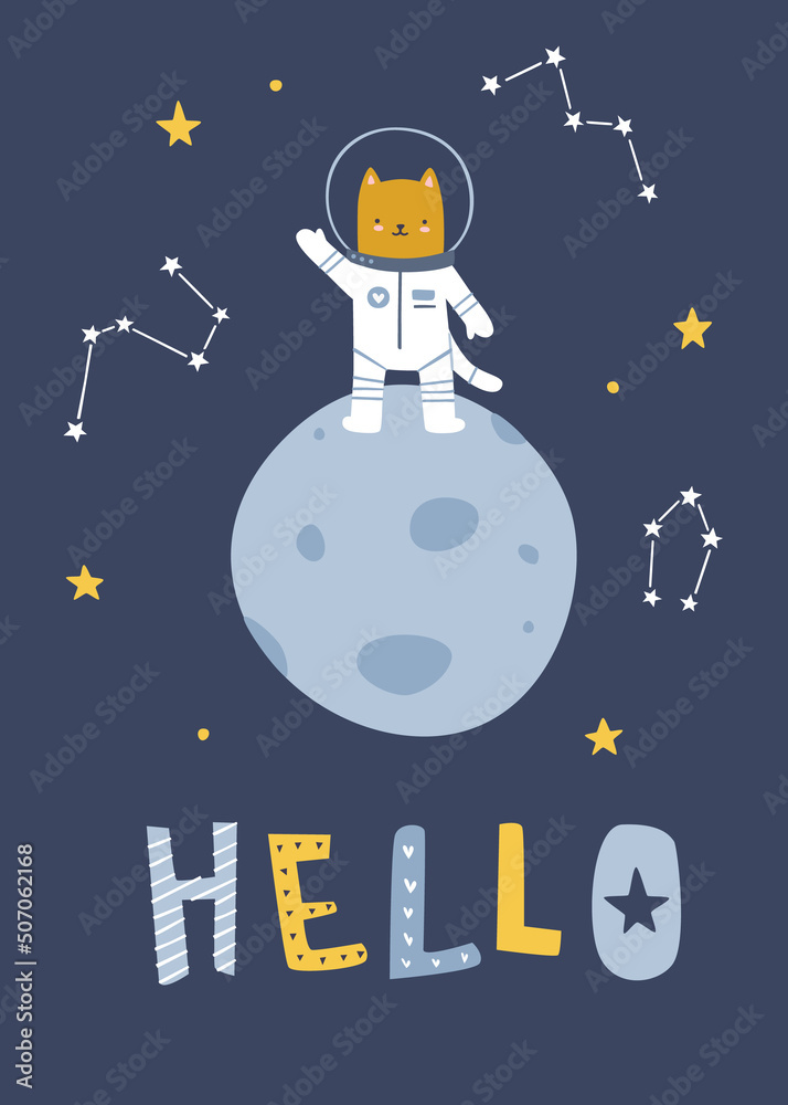 Poster with cute cat astronaut on the moon surface. Vector print with kitten cosmonaut and lettering. Poster with cute cat astronaut on the moon surface. Vector print with kitten cosmonaut and lettering.