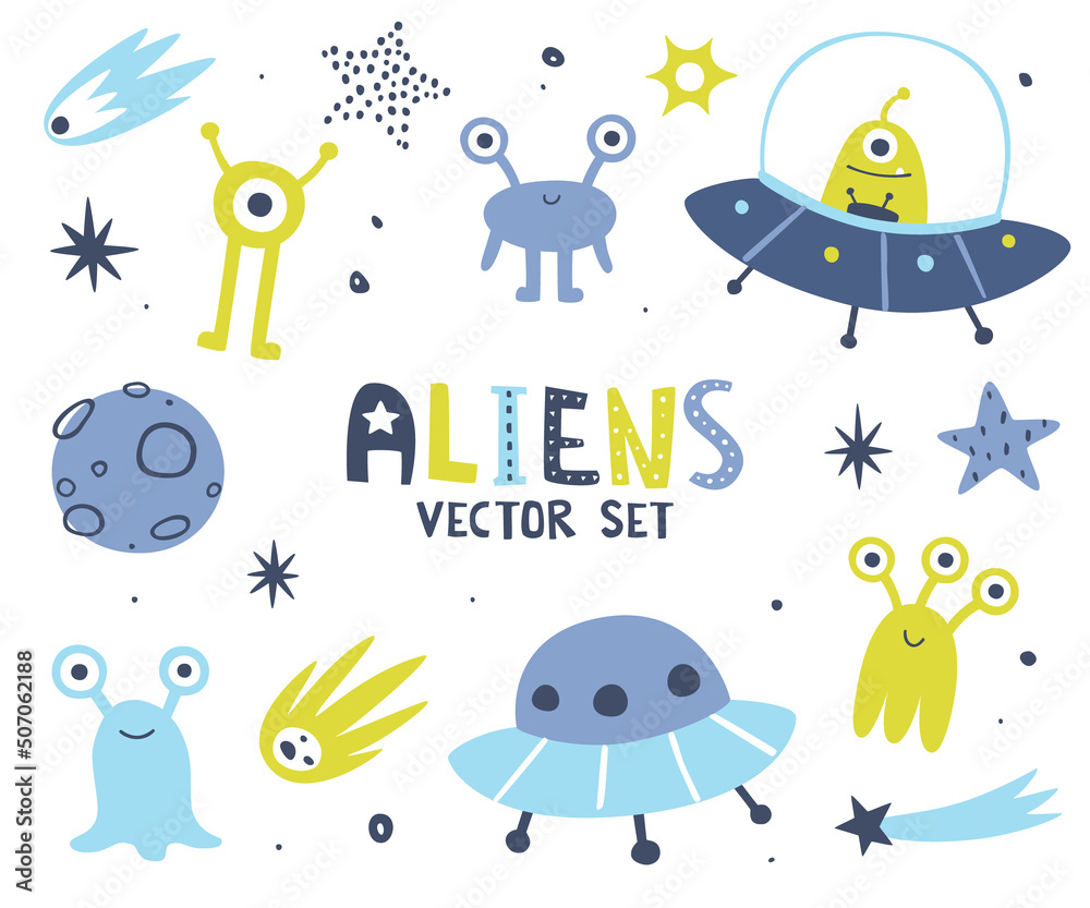 Set of cute aliens in the space. Cosmic monsters collection. Cartoon space creature bundle.