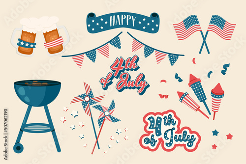 4th of July barbecue. Set of American national elements, text, hat, fireworks, bbq, flag, sparkles, picnic. Vector retro illustration for banner, poster, flyer, party decoration, holiday celebration