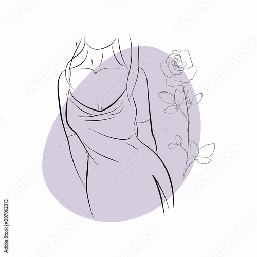 Vector illustration of a young woman in evening dress with floral ornament and abstracts