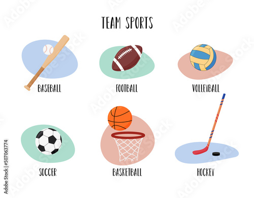 Team sports set. Balls for soccer and football, basketball. Flat vector illustrations of baseball and hockey equipment. Volleyball ball isolated
