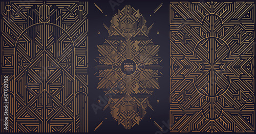 Vector set of art deco design elements, labels and frames for luxury products, golden linear fancy backagrounds, gatsby vintage style. Use for invitations, posters, prints.