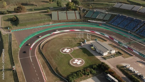 Aerial view of Hungaroring race track during endurance competition, final corner before main start finish straight, hairpin corner
