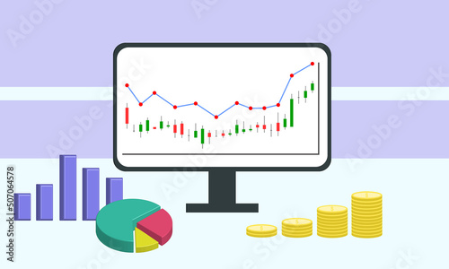 Show market icon vector. Increase in the price of shares of publicly traded companies on the stock exchange, with chart and money.