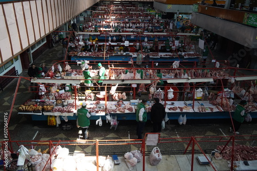 Almaty, Kazakhstan - 03.25.2022 : Sale of meat products on an open trading platform
