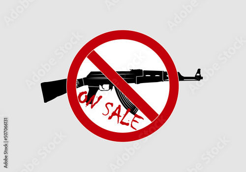 Prohibido la venta de armas de fuego o armas. Símbolo de prohibido sobre la silueta negra de un rifle y sobre el texto se vende