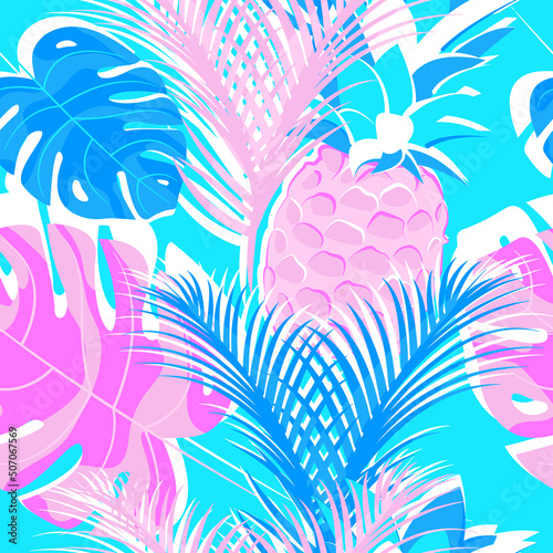 Tropical seamless pattern with pineapple, palm and monster. For textiles, printed matter, bedding, packaging design and wallpaper.