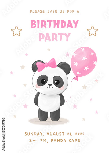 Birthday party invitation with cute little panda girl, pink balloon and bow. Vector illustration