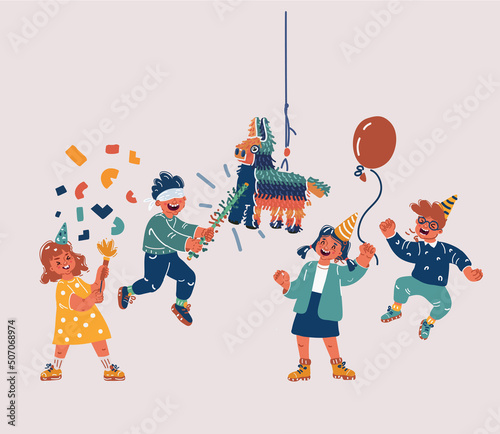  artoon illustration of kids hit pinata at birthday party