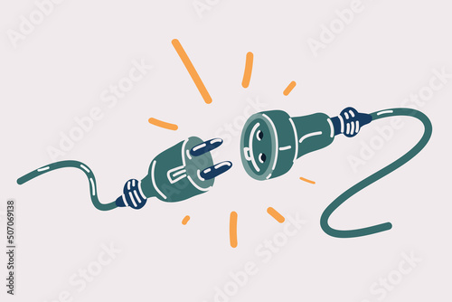 artoon illustration of Electric socket with a plug. Connection and disconnection concept. Concept of 404 error connection. Electric plug and outlet socket unplugged. Wire, cable of energy disconnect