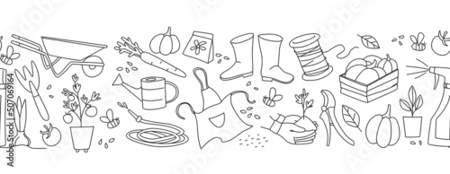 Gardening, preparing spring season, seedlings, growing farm vegetables, garden tools