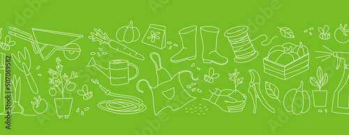 Gardening, preparing spring season, seedlings, growing farm vegetables, garden tools