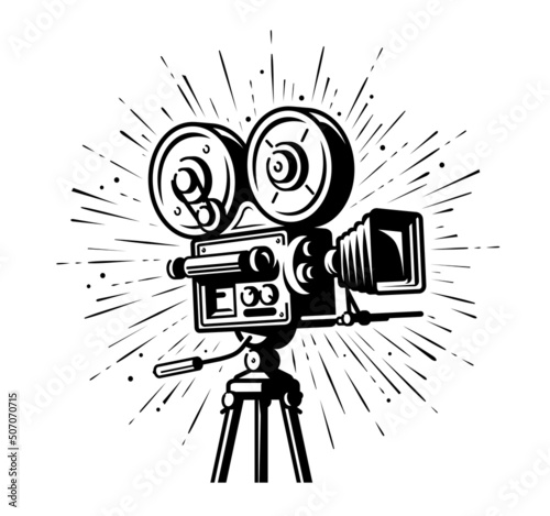 Retro movie camera and film strip. Black and white drawing. Vintage vector illustration