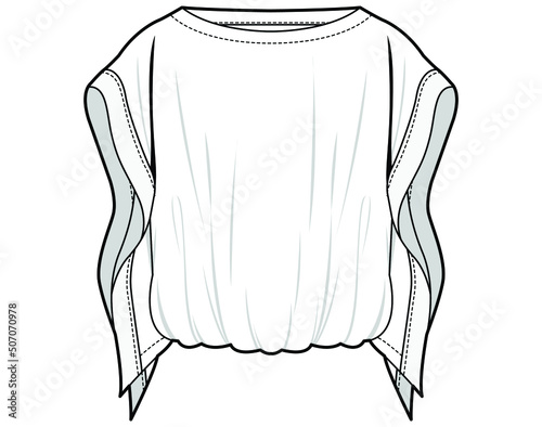 women kimono sleeve boat neck blouse top fashion flat sketch vector illustration. isolated on white background editable vector file. cad mockup.