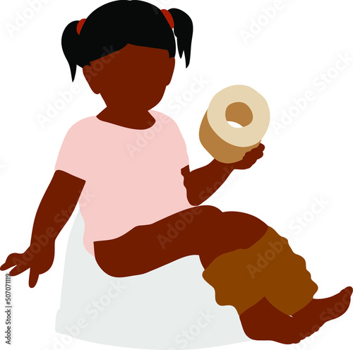 A black girl sits on a white potty and holds toilet paper in her hand