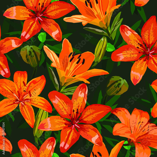 orange lily flowers vector seamless background