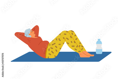 Senior woman doing exercises on the mat flat vector illustration. Elderly woman shakes the press.